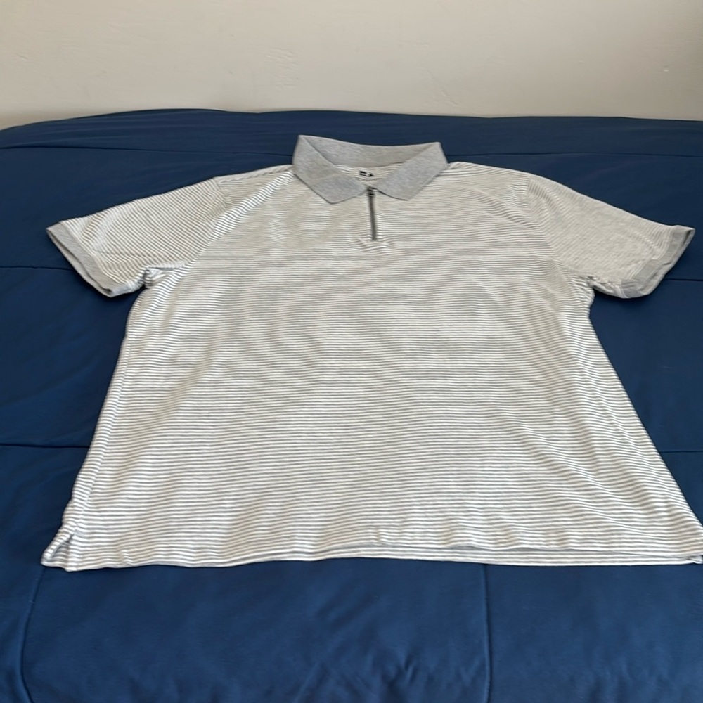 Free Assembly gray & white striped zip polo. Men XL. Like new condition. Sharp!